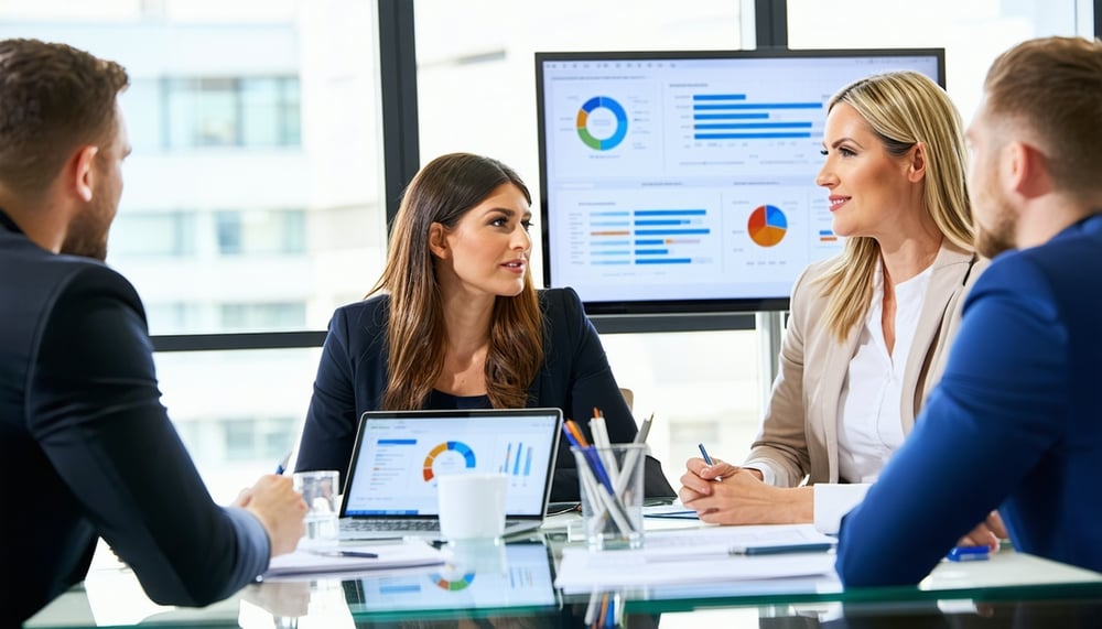 Business professionals discussing CRM and marketing automation strategy